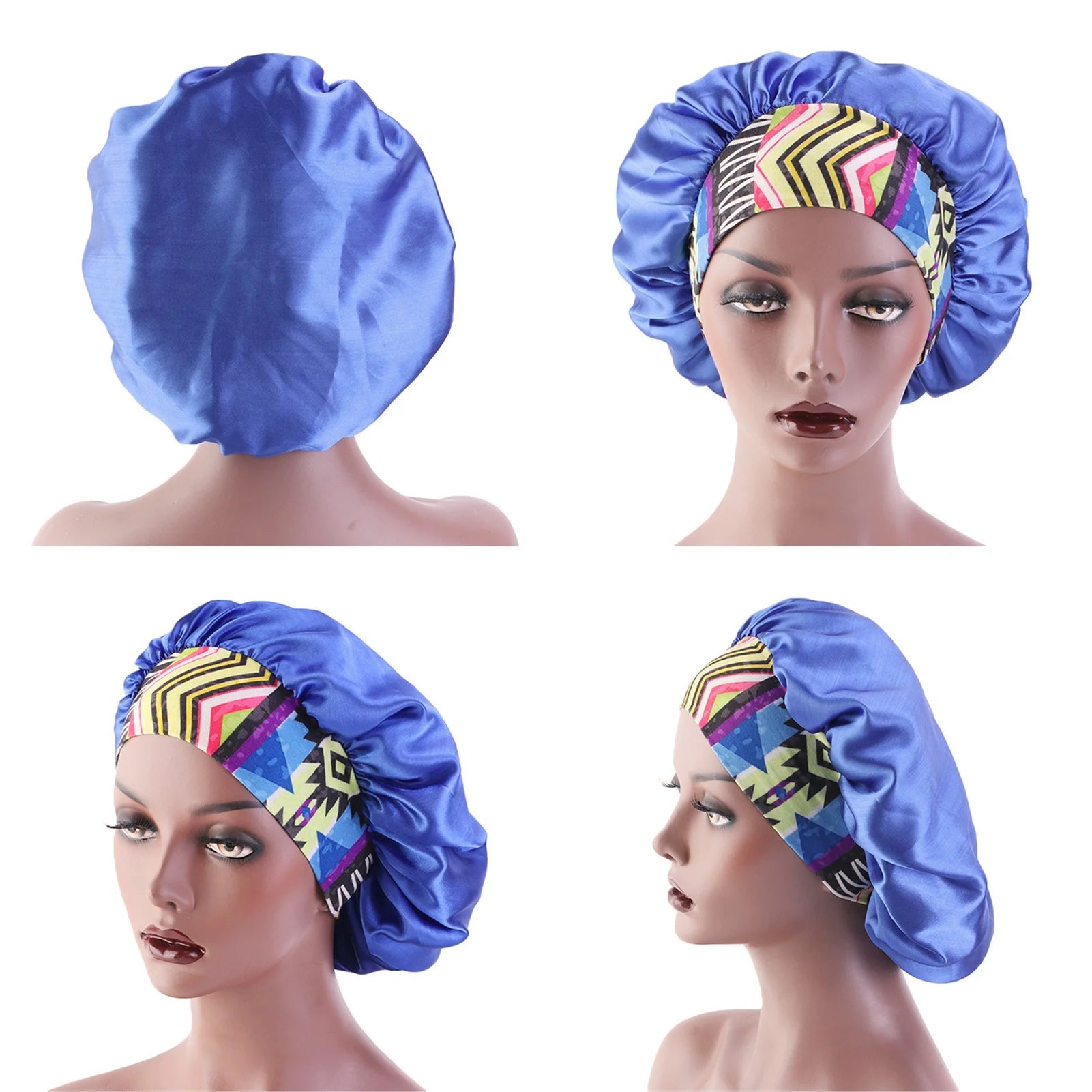 Satin Hair Bonnet 3 Pcs Elastic Wide Band Sleeping Soft Print Caps for Women Multicolor for Long Curly Natural Hair Big Capacity(Blue)