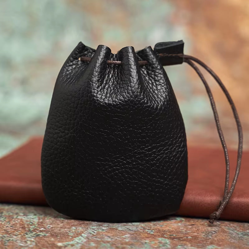 Genuine Leather Coin Purse Men Women Vintage Small Coin Wallet Hard Leather Money Pocket Drawstring Storage Bag