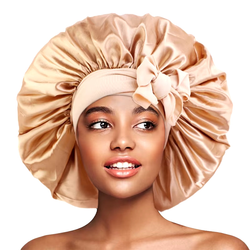 New Large Satin Bonnet Silky Night Sleeping Cap Satin Bonnet with Head Tie Band Bonnet Lace up Shower Cap Curly Braid Hair