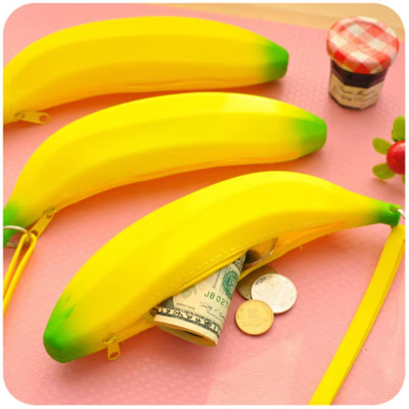 Novelty Funny Silicone Portable Yellow Banana Coin Purses Multifunction Pencil Case Purse Bag Wallet Key Bag Pouch