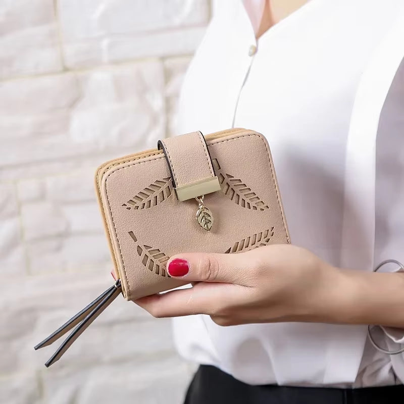 Fashion Women'S Purse Short Zipper Wallet Women Leather 2024 Luxury Brand Small Women Wallets Clutch Bag with Hollow Out Leaves