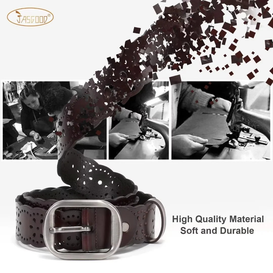 Women Leather Belts Hollow Flower Black Belt for Ladies Jeans