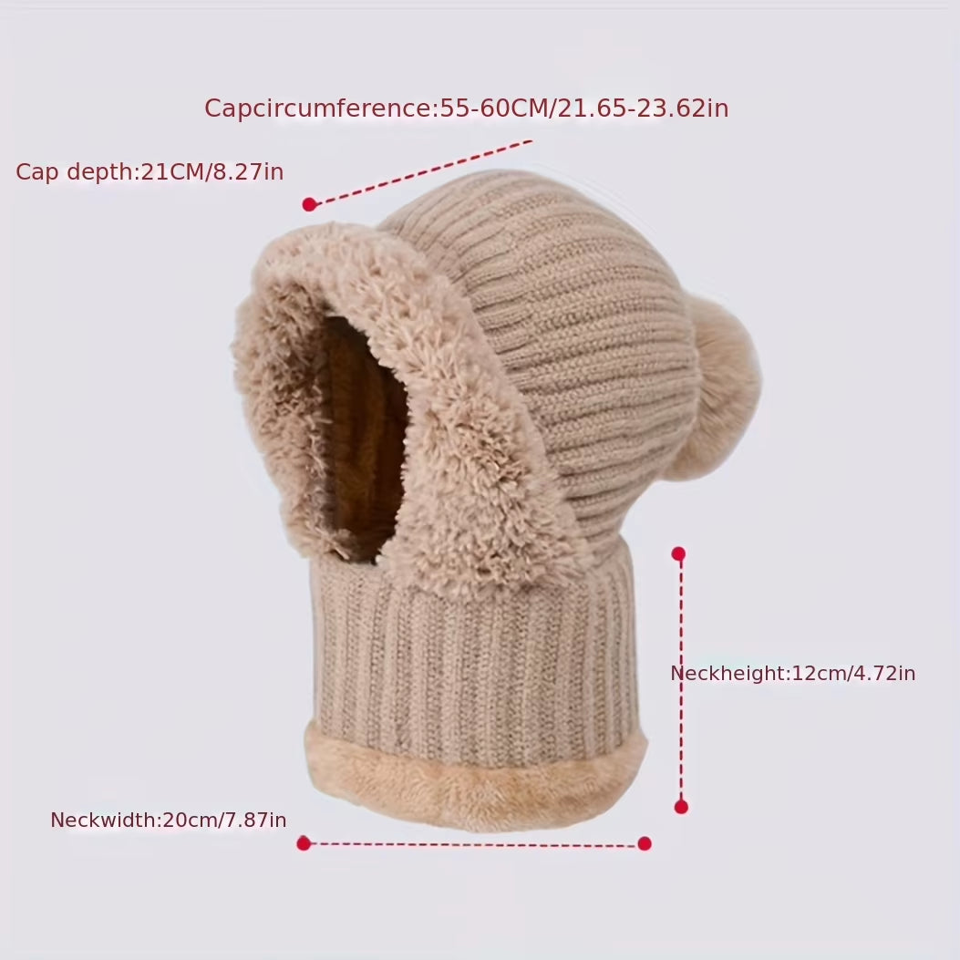 Winter Women Knit Hat Mask 3-In-1Thermal Balaclava Beanie Hat Set Women Cashmere Neck Warm Windproof Cycling Hat