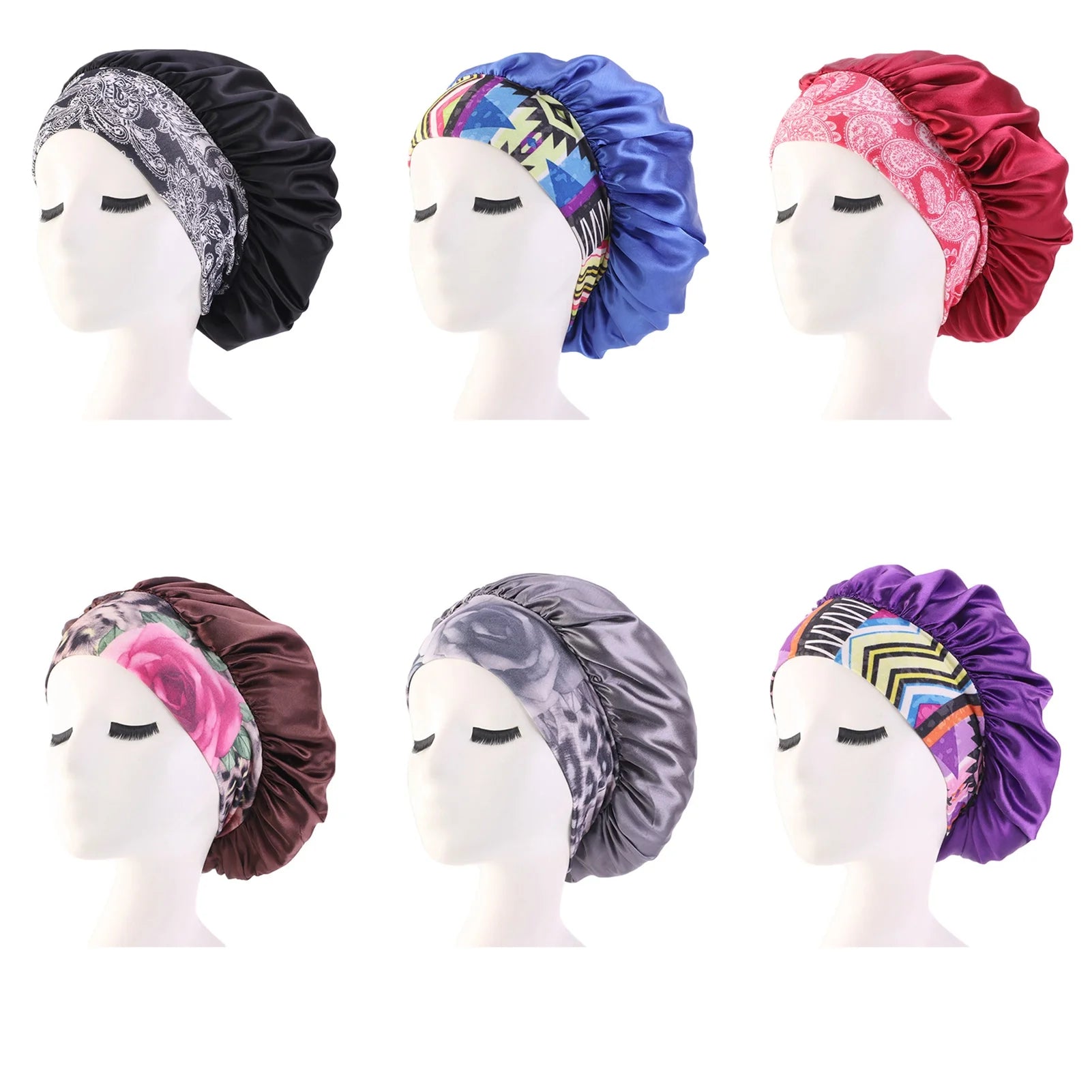 Satin Hair Bonnet 3 Pcs Elastic Wide Band Sleeping Soft Print Caps for Women Multicolor for Long Curly Natural Hair Big Capacity(Blue)