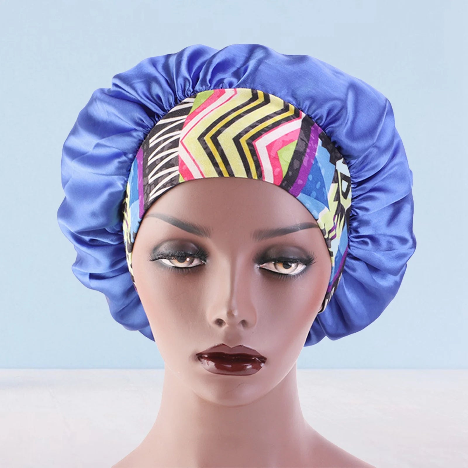 Satin Hair Bonnet 3 Pcs Elastic Wide Band Sleeping Soft Print Caps for Women Multicolor for Long Curly Natural Hair Big Capacity(Blue)