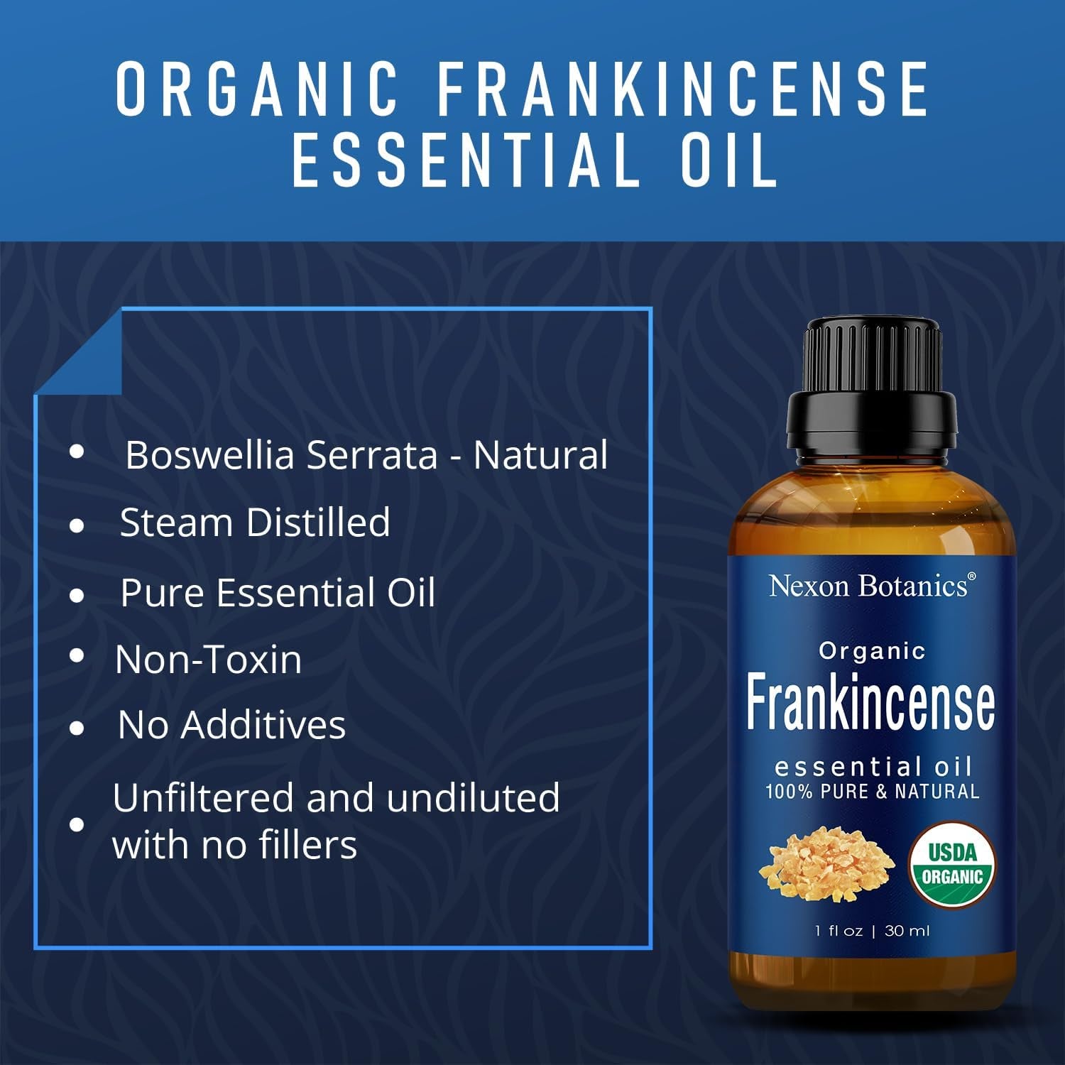 "Pure and Natural Organic Frankincense Essential Oil - Therapeutic Grade for Aromatherapy, Diffuser, and Skin & Hair Care - 30Ml"