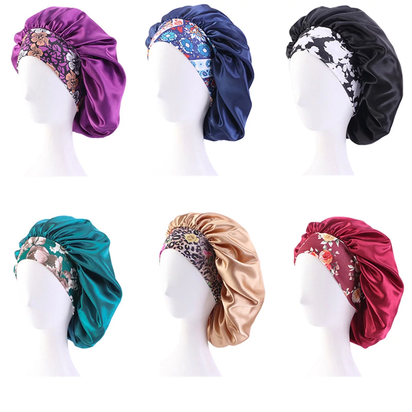 Satin Hair Bonnet 3 Pcs Elastic Wide Band Sleeping Soft Print Caps for Women Multicolor for Long Curly Natural Hair Big Capacity(Red)