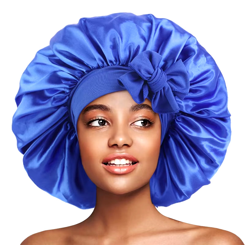 New Large Satin Bonnet Silky Night Sleeping Cap Satin Bonnet with Head Tie Band Bonnet Lace up Shower Cap Curly Braid Hair