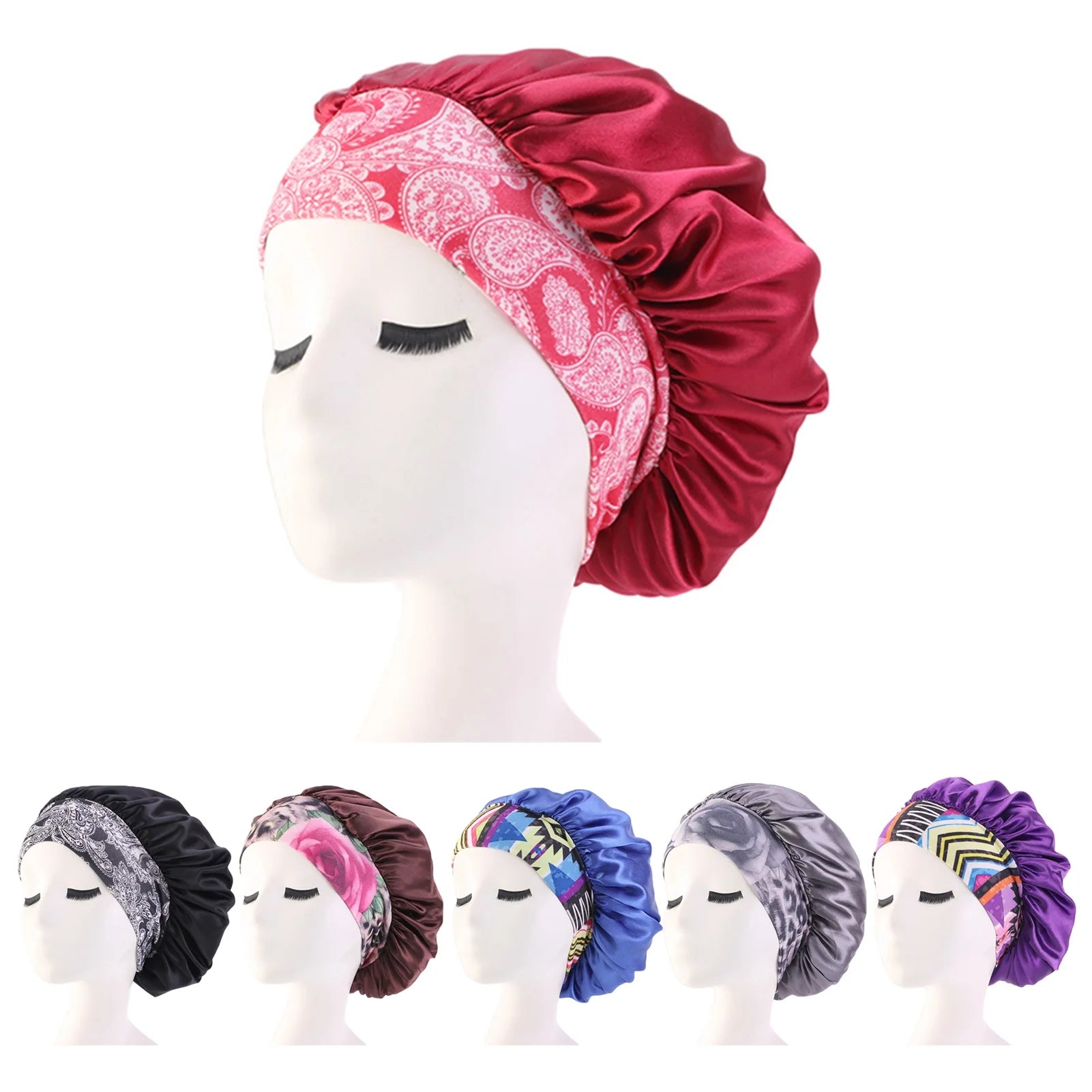 Satin Hair Bonnet 3 Pcs Elastic Wide Band Sleeping Soft Print Caps for Women Multicolor for Long Curly Natural Hair Big Capacity(Blue)