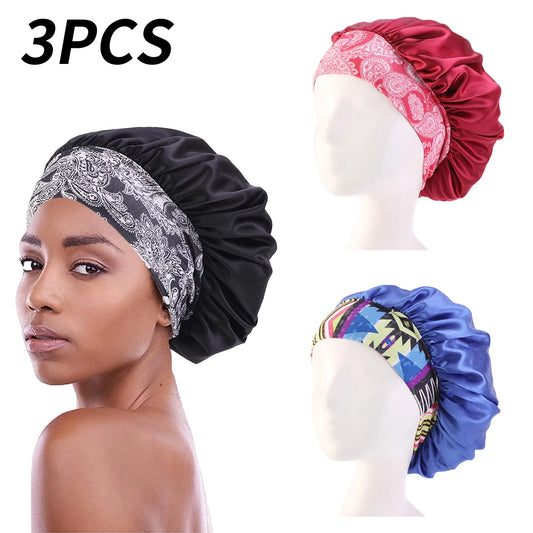 Satin Hair Bonnet 3 Pcs Elastic Wide Band Sleeping Soft Print Caps for Women Multicolor for Long Curly Natural Hair Big Capacity(Blue)