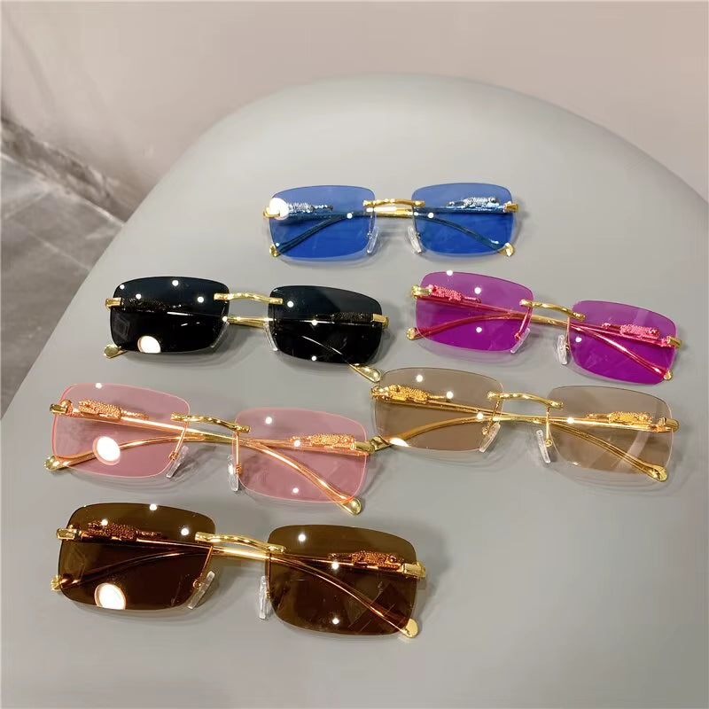 Vintage Sunglasses Rimless Cut Edge Sunglasses Fashion Designer Shades Luxury Golden Leopard Frame Sunglasses UV400