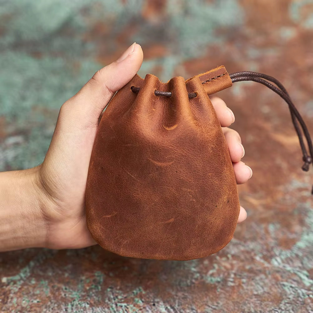 Genuine Leather Coin Purse Men Women Vintage Small Coin Wallet Hard Leather Money Pocket Drawstring Storage Bag