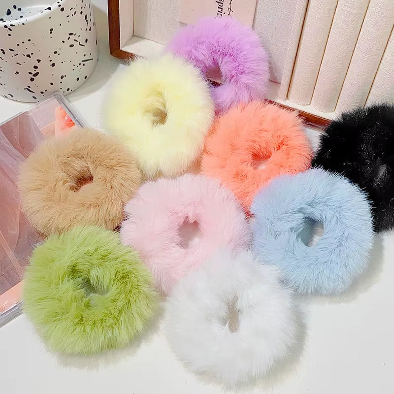 New Colorful Fluffy Hair Band for Women Girls Ponytail Holder Hair Tie Plush Scrunchie Rubber Band Fashion Hair Accessories