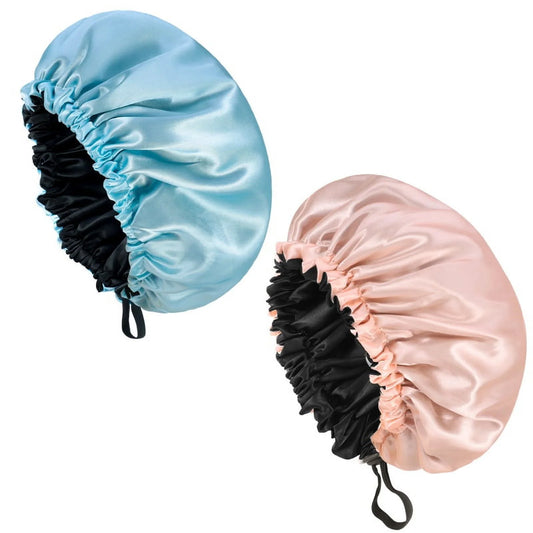 2 Pcs Double Layer Waterproof Silk Bonnet, Adjustable Satin Hair Night Caps, Head Wraps for Women Sleeping Shower Long Hair, Curly Hair(Sky Blue,Pink)