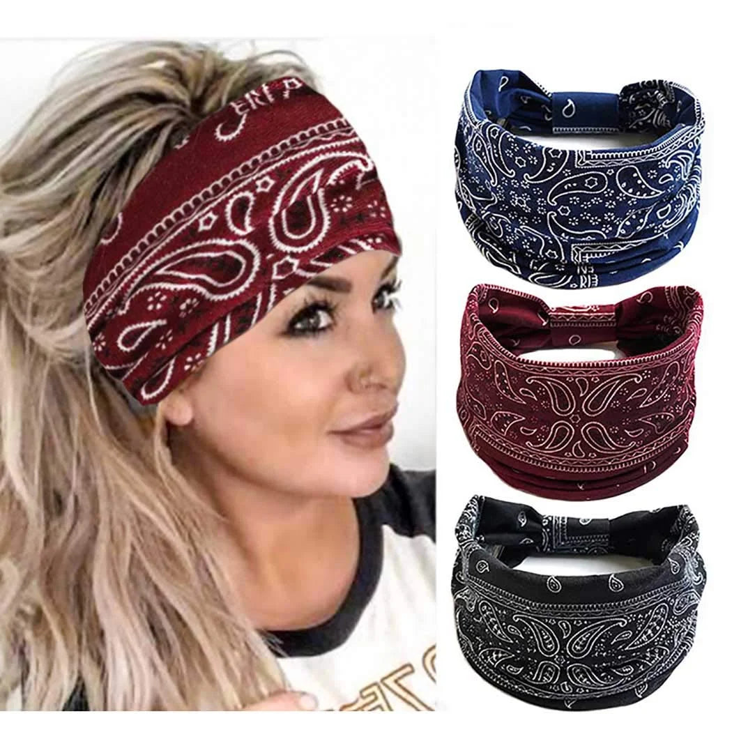 Boho Bandeau Headbands Wide Knot Hair Scarf Hair Band Elastic Turban Thick Head Wrap Stretch Fabric Head Bands Thick Fashion Hair Accessories for Women 3 Pcs (Elegant)