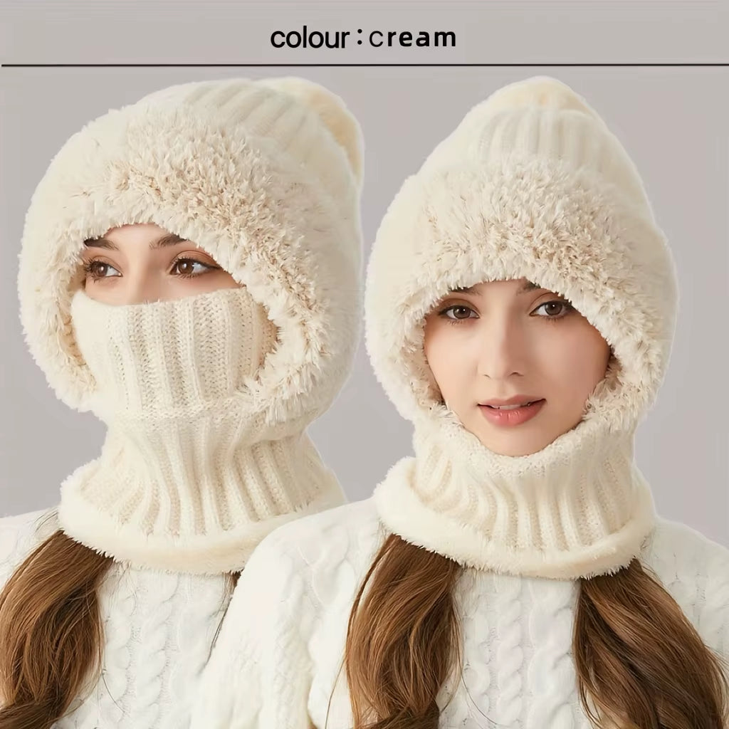 Winter Women Knit Hat Mask 3-In-1Thermal Balaclava Beanie Hat Set Women Cashmere Neck Warm Windproof Cycling Hat