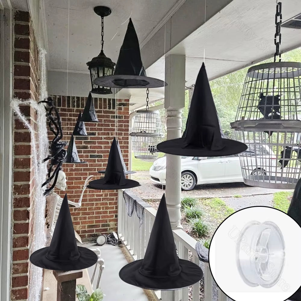 6/12Pcs Halloween Black Witches Hats with Rope Hanging Wizard Hats Bulk for Home Outdoor Porch Halloween Decoration Party Favor