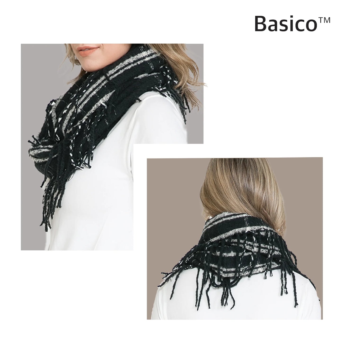 Knit Infinity Scarf | Winter Scarf for Women | Black Plaid Ivory Scarves Set