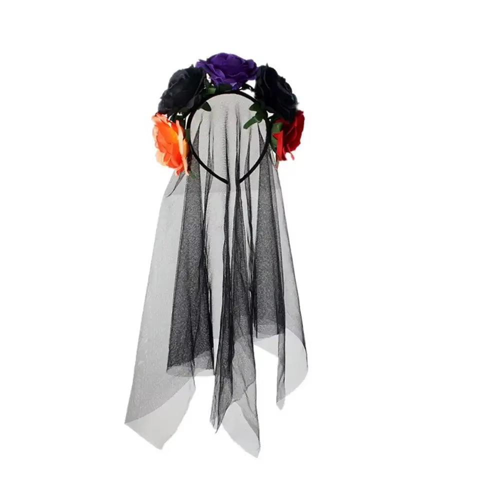 Halloween Gothic Skull Flower Headband for Women Girls Party Cosplay Spider Web Veil Day of the Dead Headband Horror Headwear