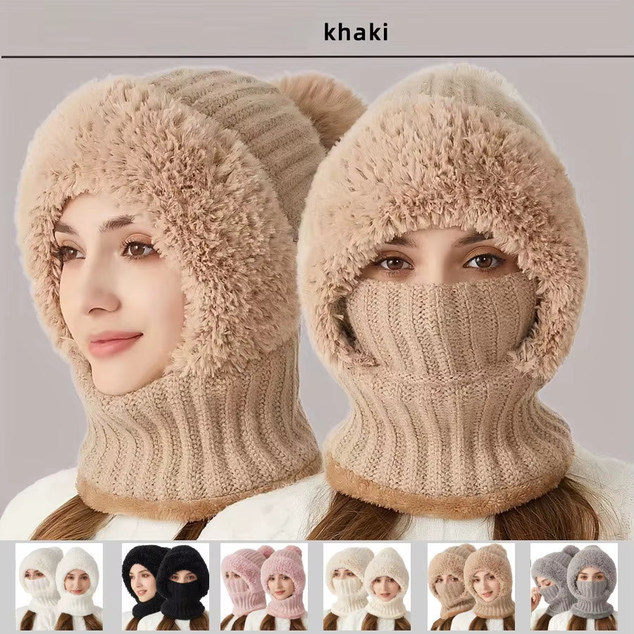 Winter Women Knit Hat Mask 3-In-1Thermal Balaclava Beanie Hat Set Women Cashmere Neck Warm Windproof Cycling Hat