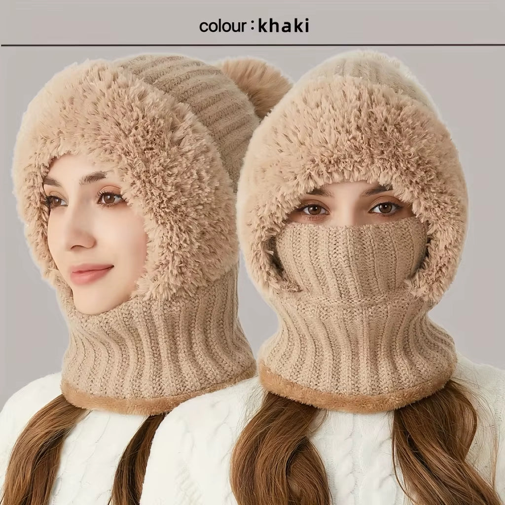 Winter Women Knit Hat Mask 3-In-1Thermal Balaclava Beanie Hat Set Women Cashmere Neck Warm Windproof Cycling Hat