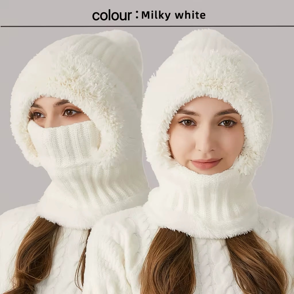 Winter Women Knit Hat Mask 3-In-1Thermal Balaclava Beanie Hat Set Women Cashmere Neck Warm Windproof Cycling Hat