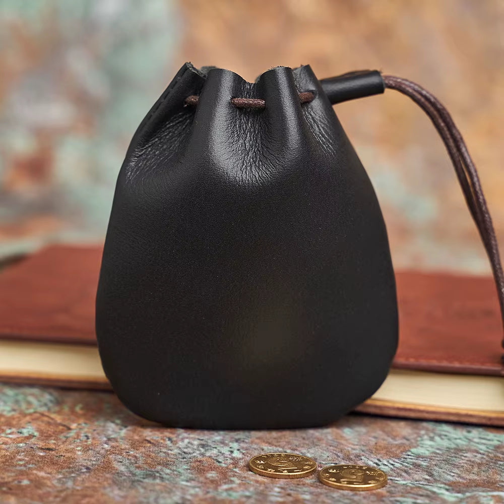 Genuine Leather Coin Purse Men Women Vintage Small Coin Wallet Hard Leather Money Pocket Drawstring Storage Bag