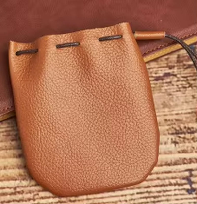 Genuine Leather Coin Purse Men Women Vintage Small Coin Wallet Hard Leather Money Pocket Drawstring Storage Bag