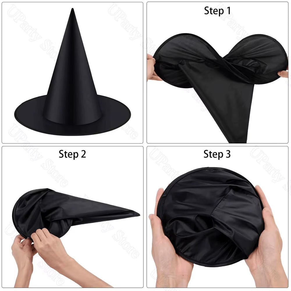 6/12Pcs Halloween Black Witches Hats with Rope Hanging Wizard Hats Bulk for Home Outdoor Porch Halloween Decoration Party Favor