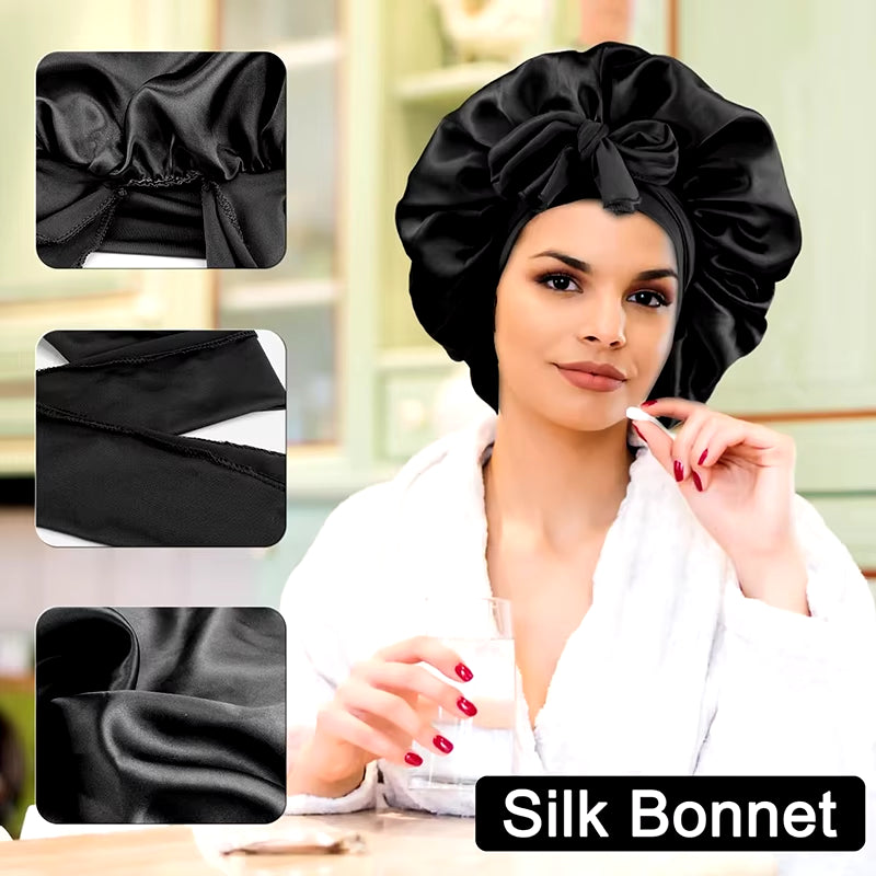 New Large Satin Bonnet Silky Night Sleeping Cap Satin Bonnet with Head Tie Band Bonnet Lace up Shower Cap Curly Braid Hair