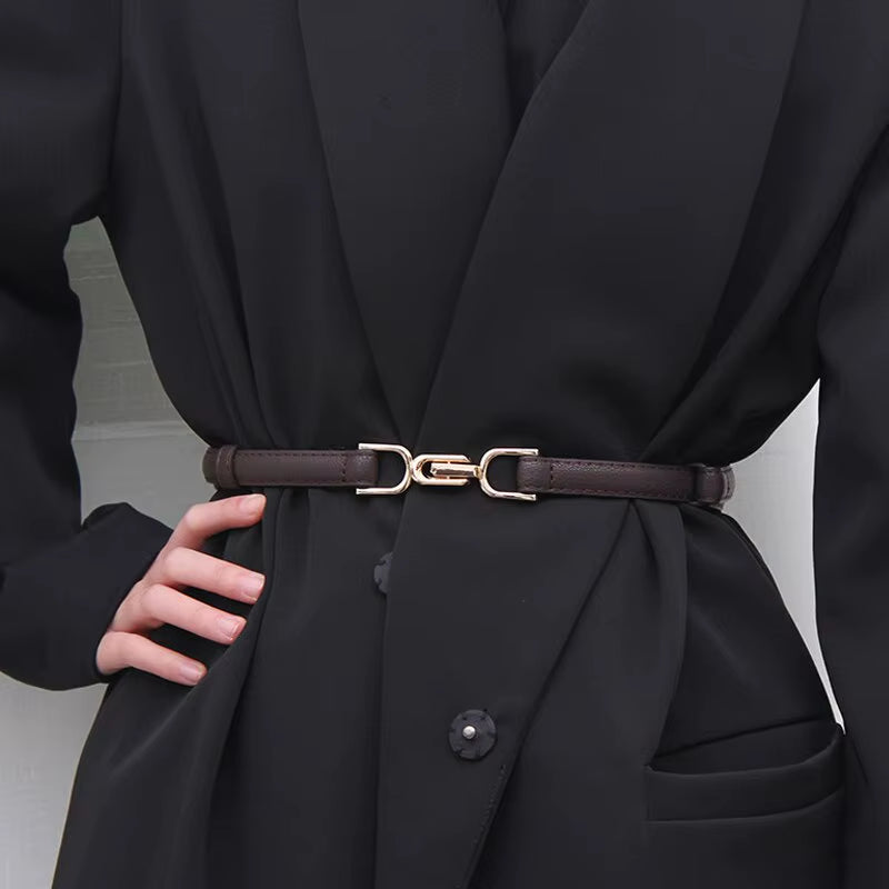 Womens Leather Skinny Belt for Dress Adjustable Thin Waist Belt Dress Belt with Vintage Gold Buckle Faux Leather