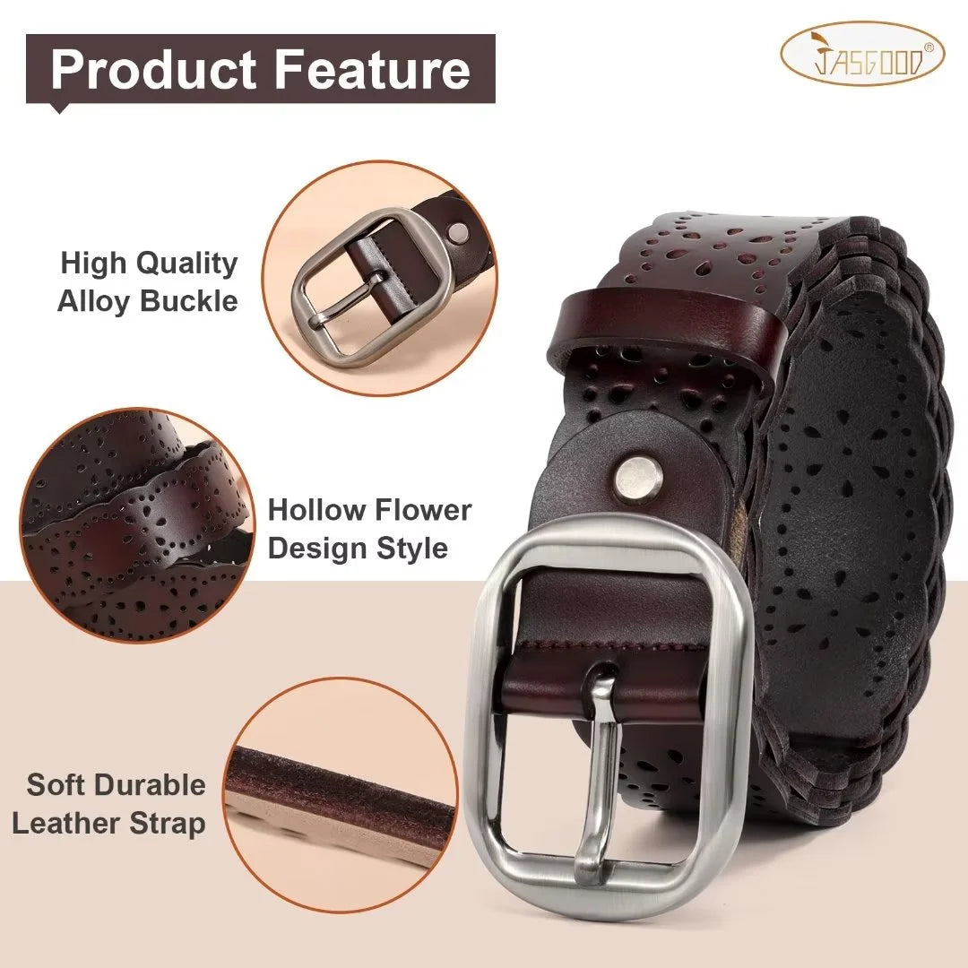 Women Leather Belts Hollow Flower Black Belt for Ladies Jeans