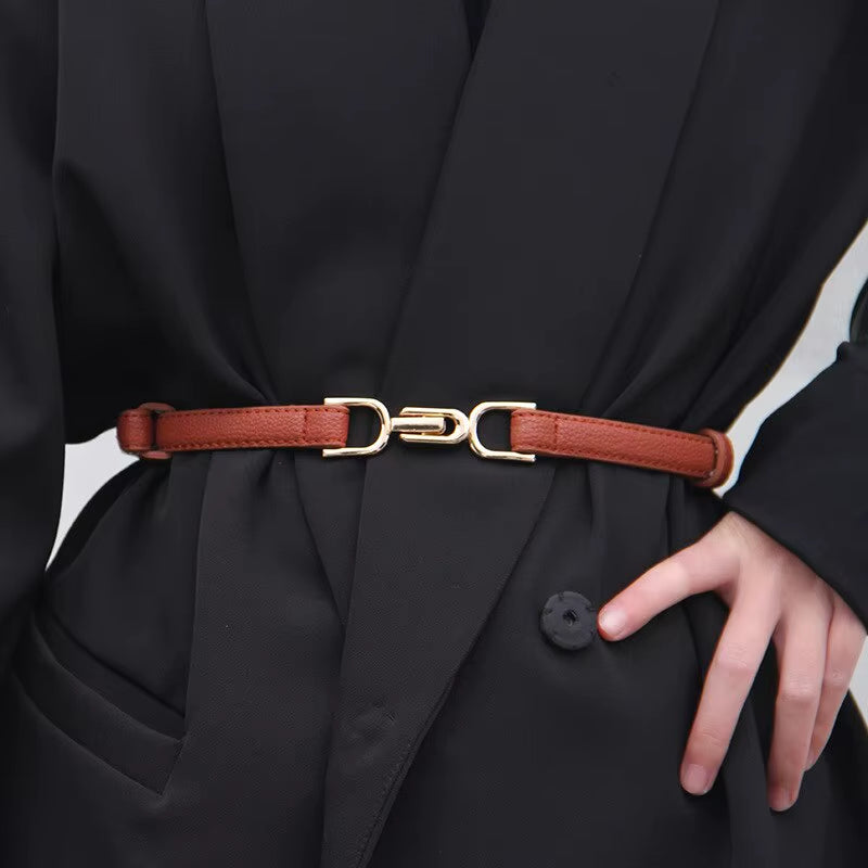 Womens Leather Skinny Belt for Dress Adjustable Thin Waist Belt Dress Belt with Vintage Gold Buckle Faux Leather