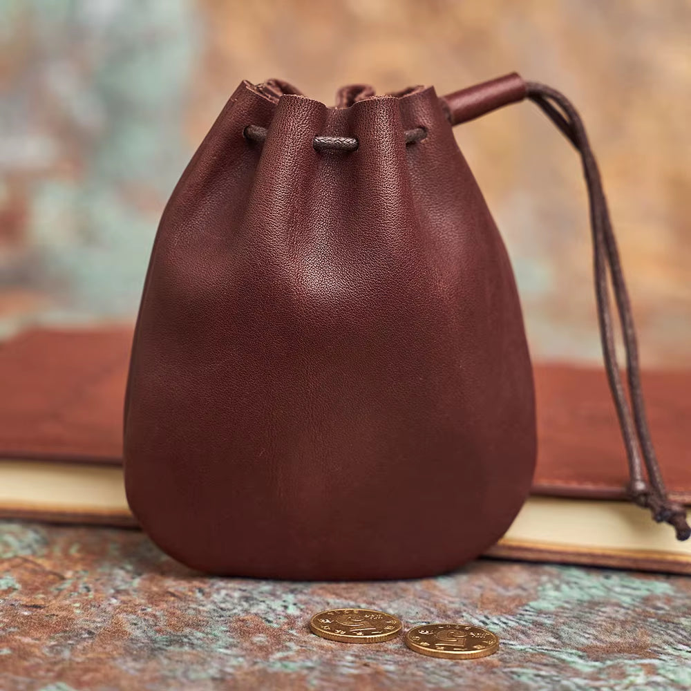 Genuine Leather Coin Purse Men Women Vintage Small Coin Wallet Hard Leather Money Pocket Drawstring Storage Bag