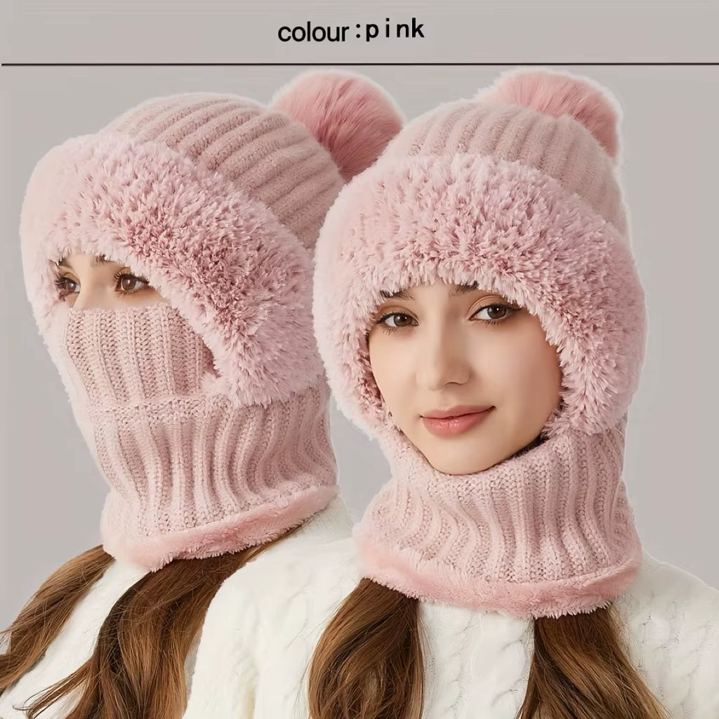 Winter Women Knit Hat Mask 3-In-1Thermal Balaclava Beanie Hat Set Women Cashmere Neck Warm Windproof Cycling Hat