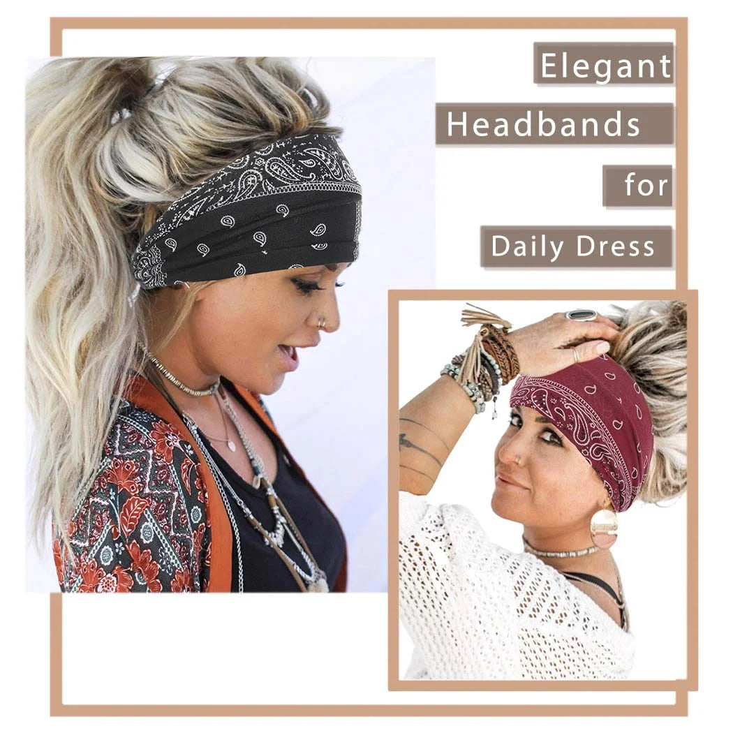 Boho Bandeau Headbands Wide Knot Hair Scarf Hair Band Elastic Turban Thick Head Wrap Stretch Fabric Head Bands Thick Fashion Hair Accessories for Women 3 Pcs (Elegant)