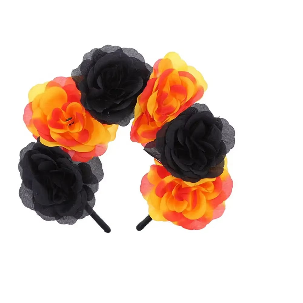 Halloween Gothic Skull Flower Headband for Women Girls Party Cosplay Spider Web Veil Day of the Dead Headband Horror Headwear