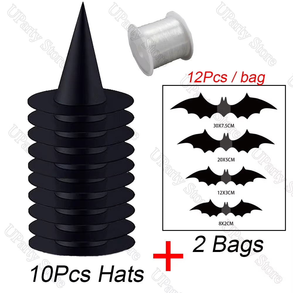 6/12Pcs Halloween Black Witches Hats with Rope Hanging Wizard Hats Bulk for Home Outdoor Porch Halloween Decoration Party Favor