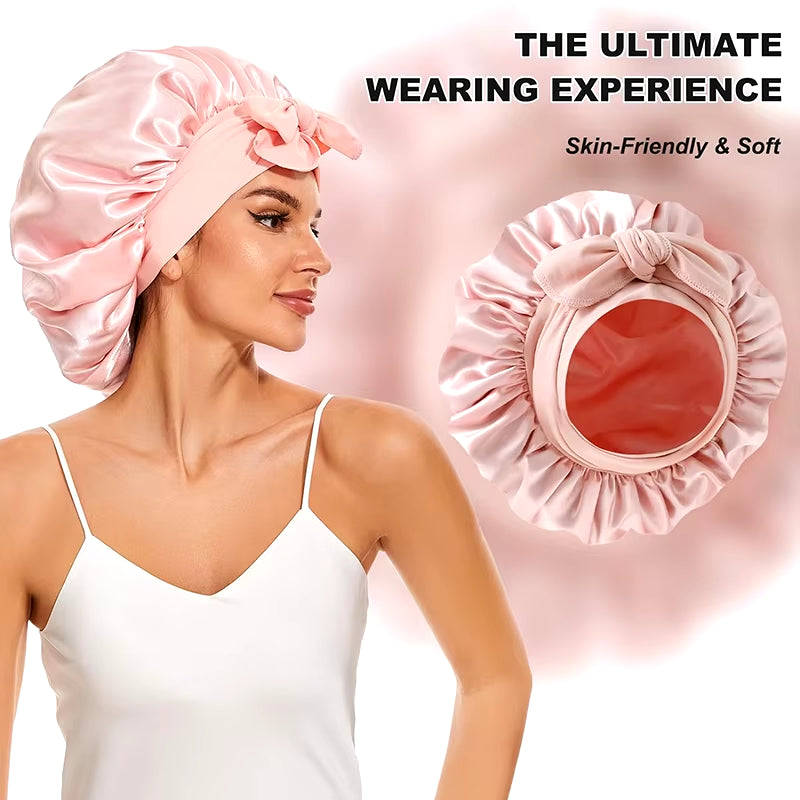 New Large Satin Bonnet Silky Night Sleeping Cap Satin Bonnet with Head Tie Band Bonnet Lace up Shower Cap Curly Braid Hair