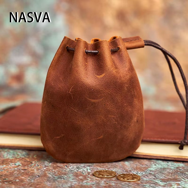 Genuine Leather Coin Purse Men Women Vintage Small Coin Wallet Hard Leather Money Pocket Drawstring Storage Bag