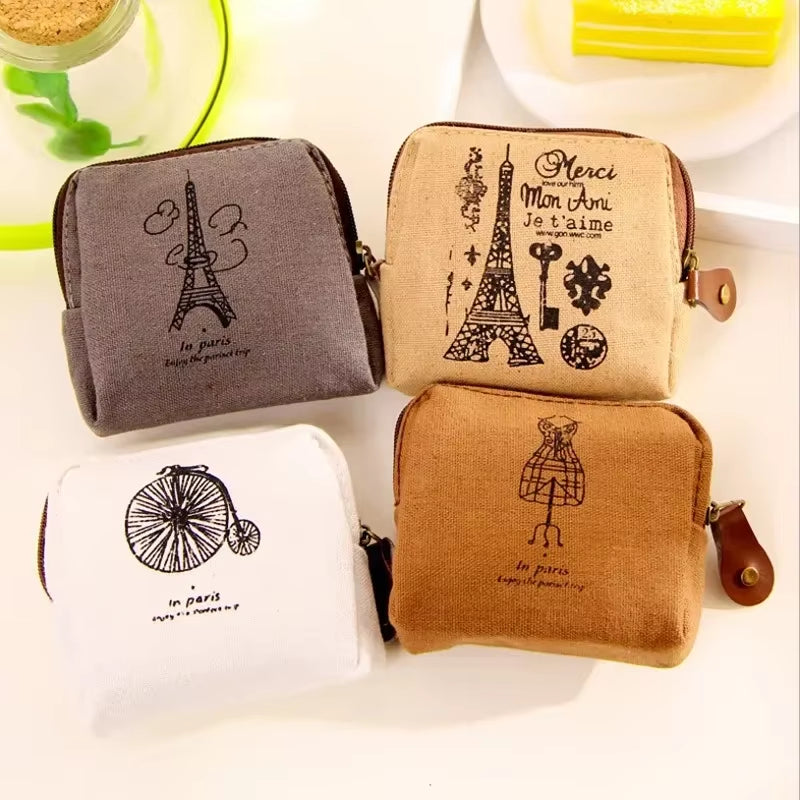 Vintage Paris Coin Purse Korean Zakka Small Bag Nostalgic Memory Canvas Coin Bag Urban Simplicity