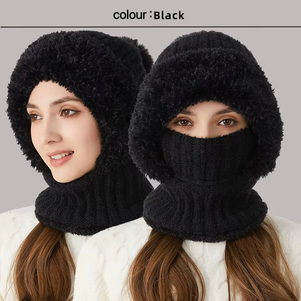 Winter Women Knit Hat Mask 3-In-1Thermal Balaclava Beanie Hat Set Women Cashmere Neck Warm Windproof Cycling Hat